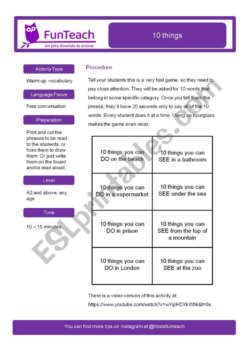 10 things worksheet