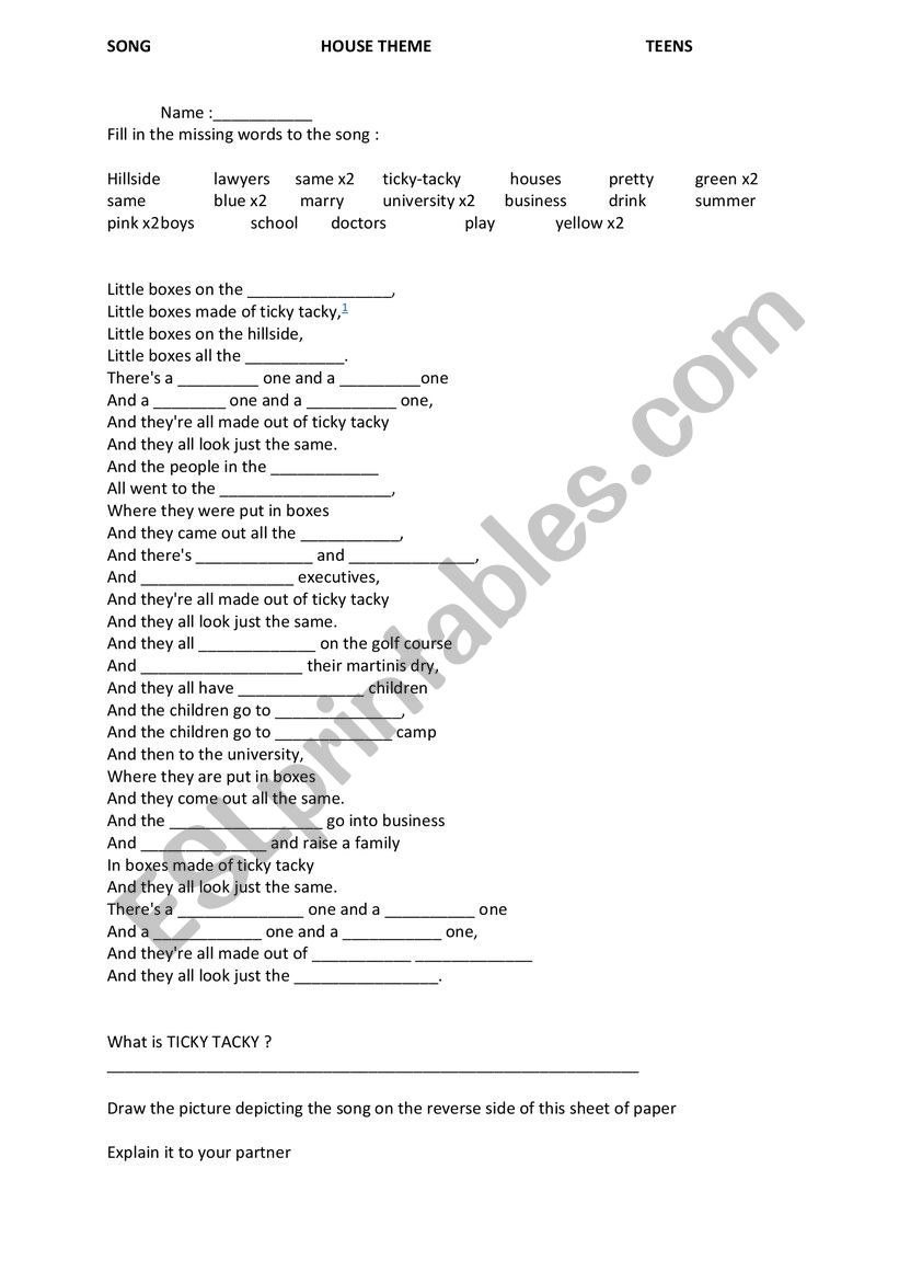 LITTLE BOXES SONG WORKSHEET worksheet