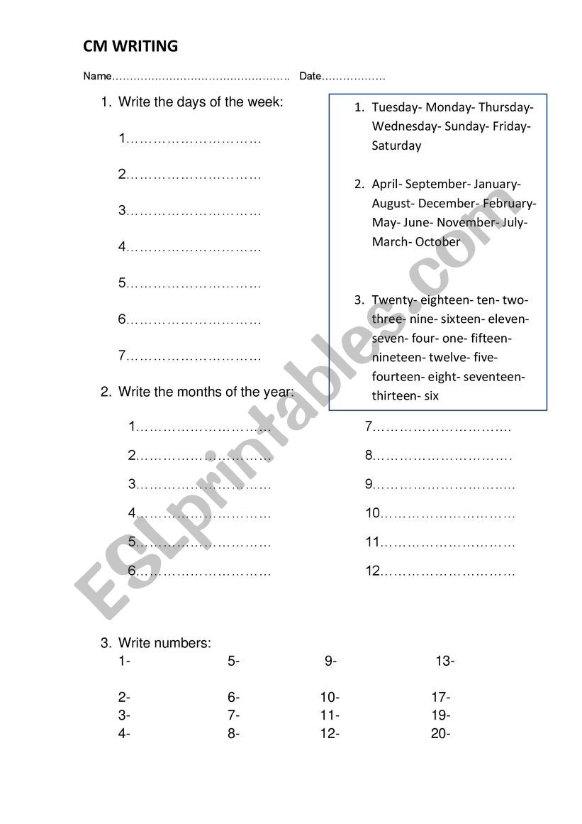 Days, Months, Numbers 1-20 Test