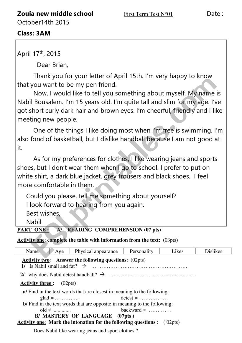 test and exams worksheet