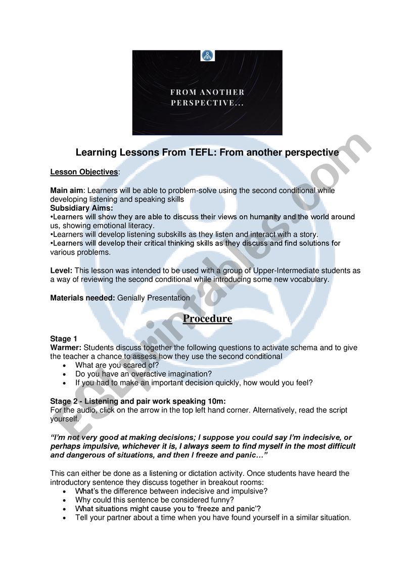 Lesson plan for problem solving in Second conditionals