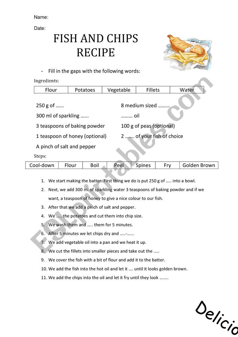 Fish and chips recipe worksheet