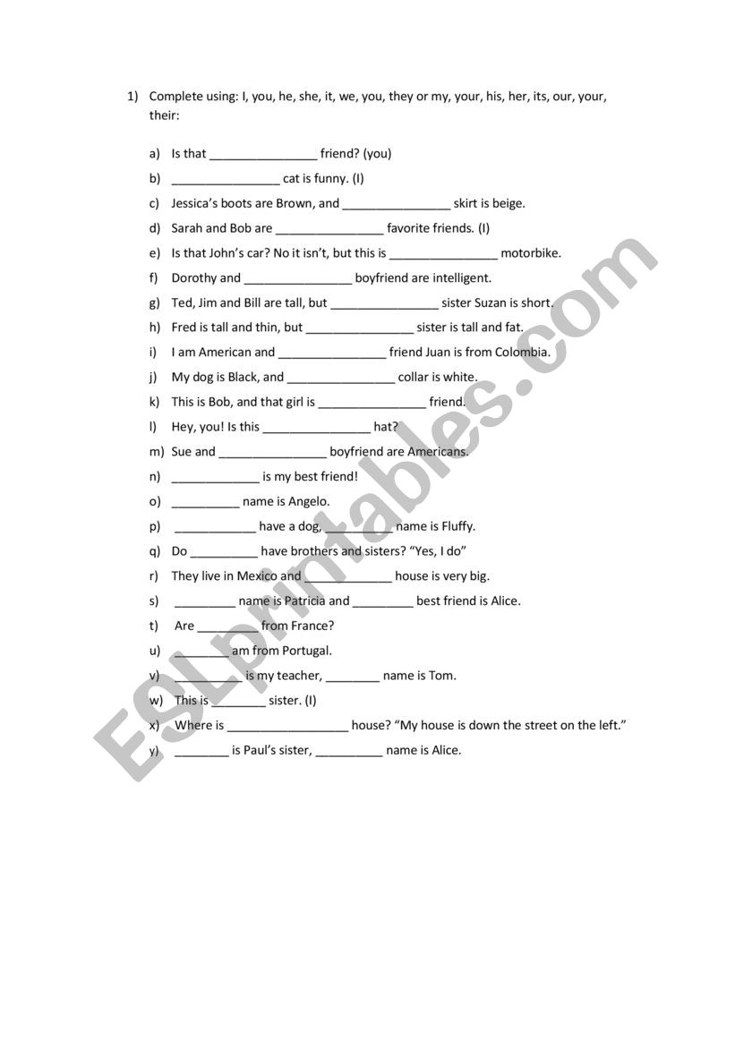 Subject Pronouns and Possessive Adjectives