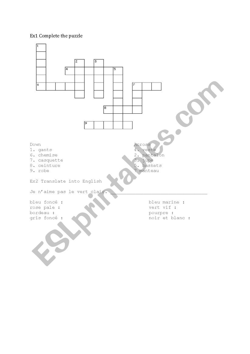 crossword Clothes worksheet