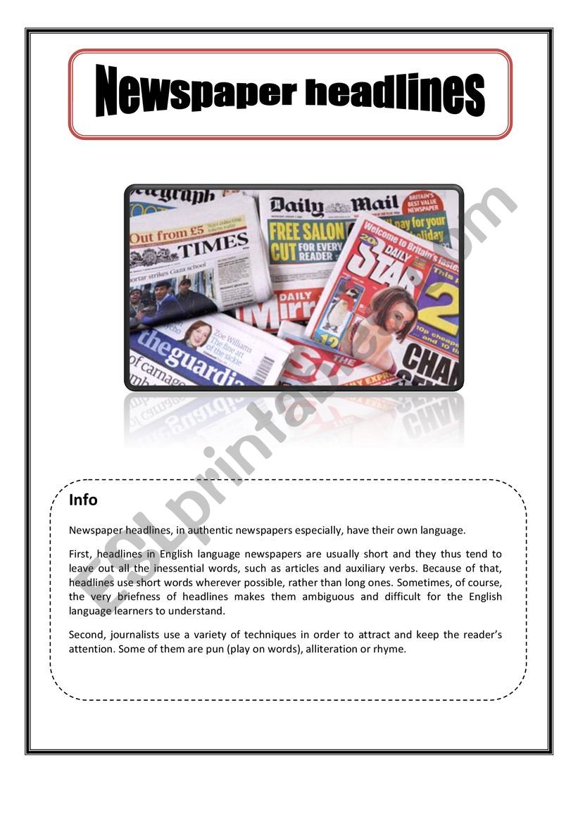 Newspaper headlines worksheet