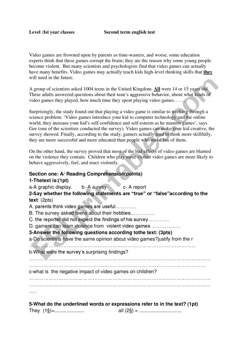 video games worksheet