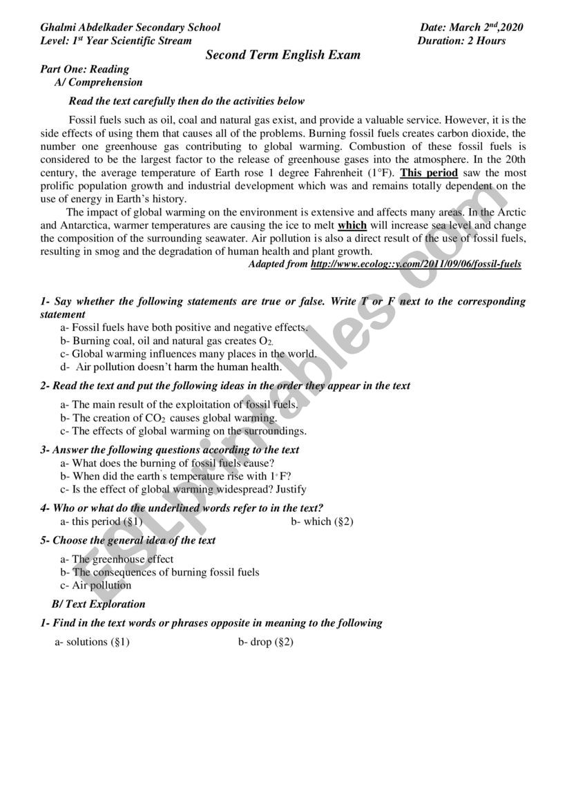 fossil fuels worksheet