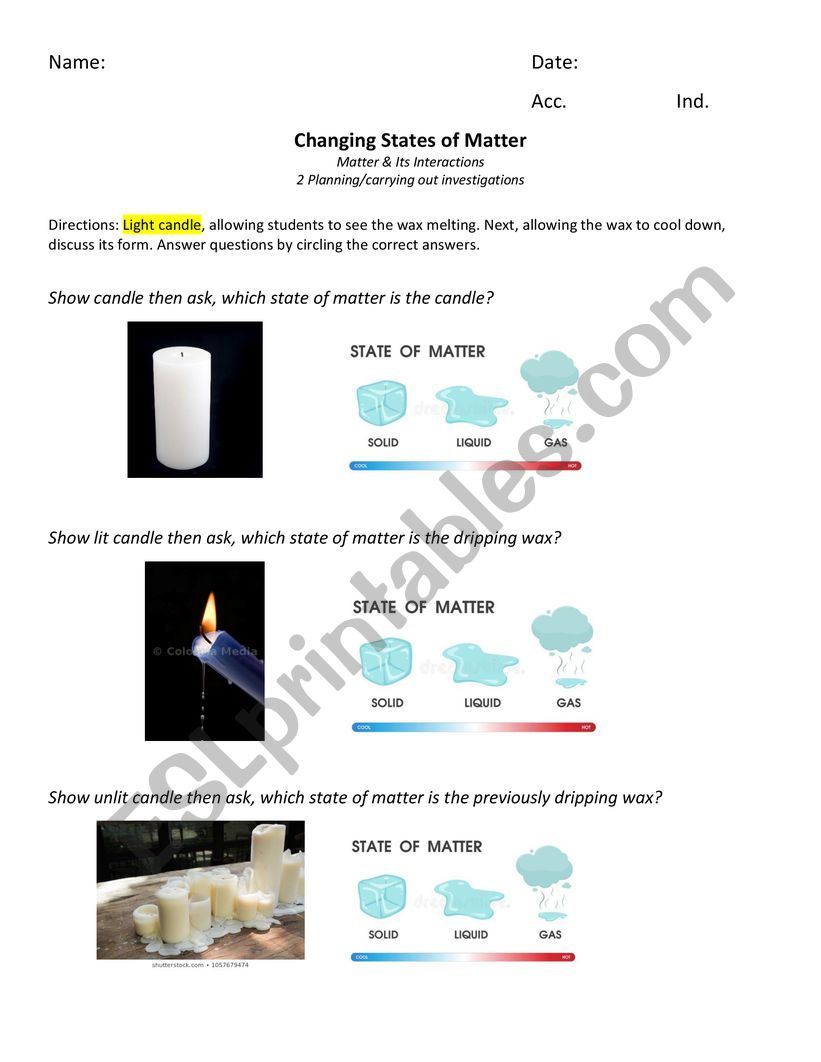 States of Matter, Science worksheet