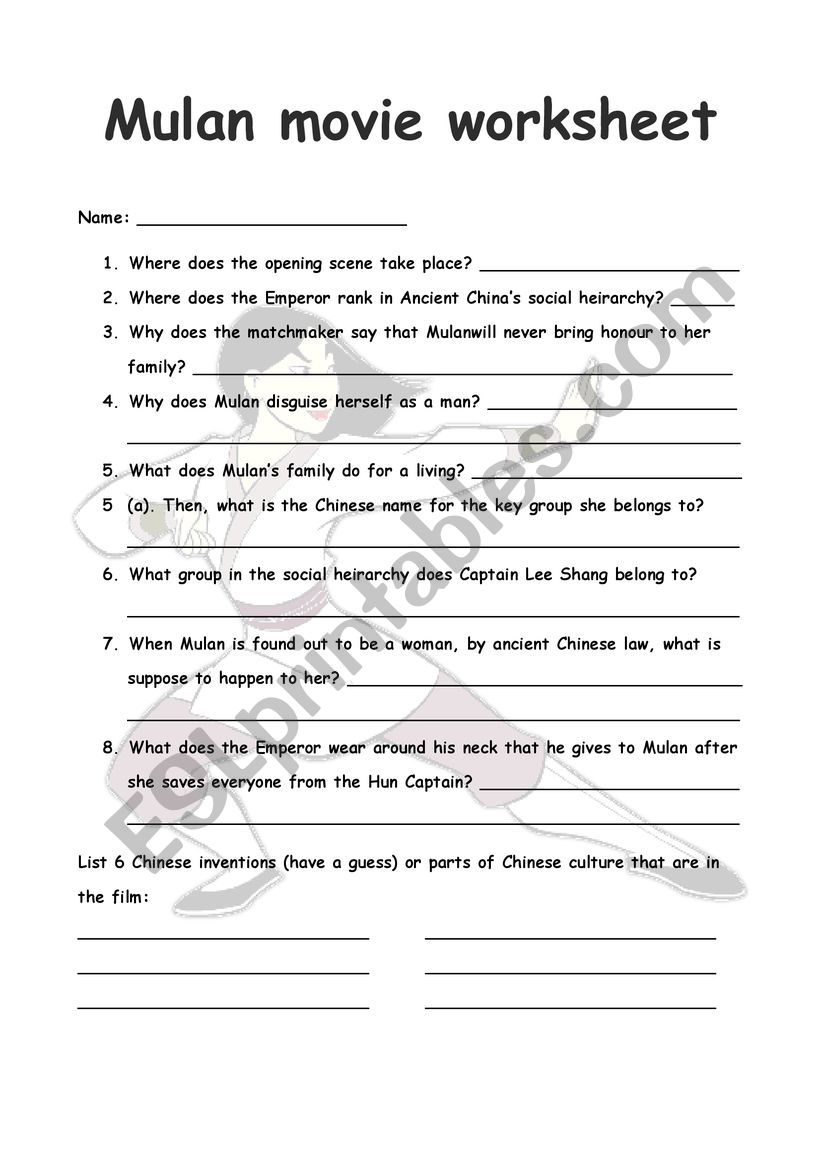 Mulan workshhet worksheet