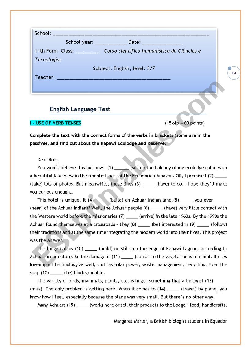 Grammar test  11th form worksheet