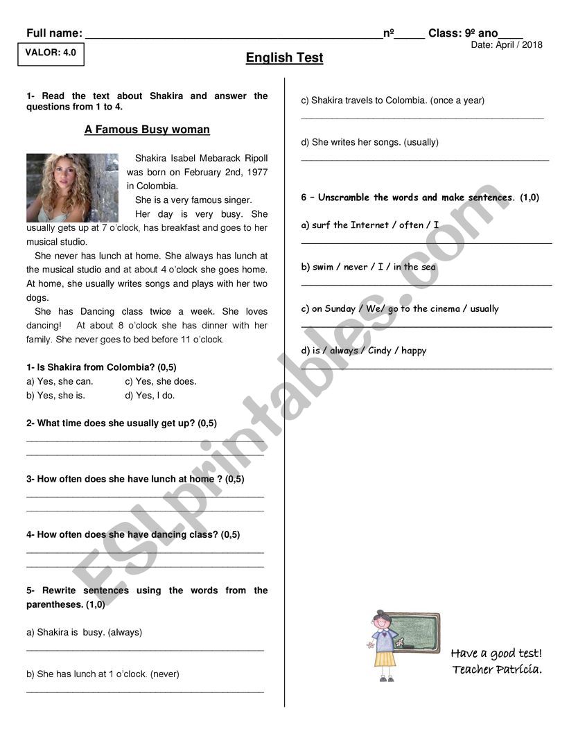 Adverbs of frequency - Test worksheet