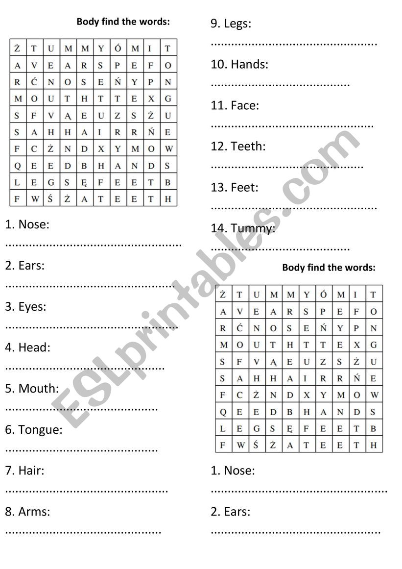 Word search: Body worksheet