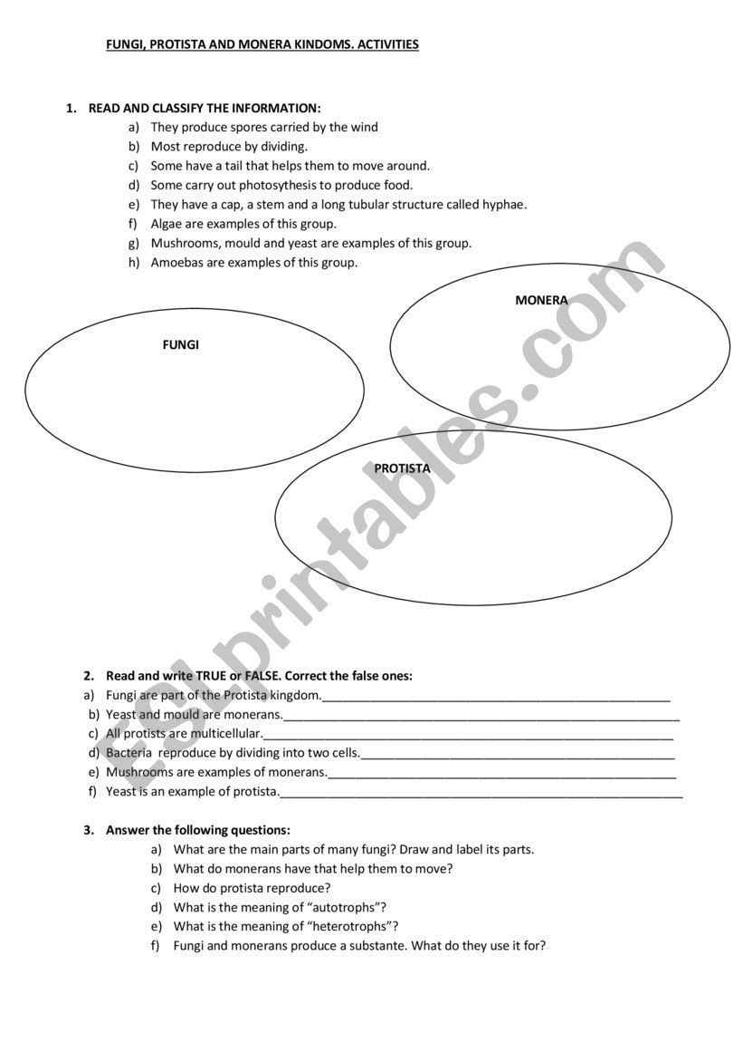 FUNGI MONERA AND PROTISTA KINGDOMS. ACTIVITIES