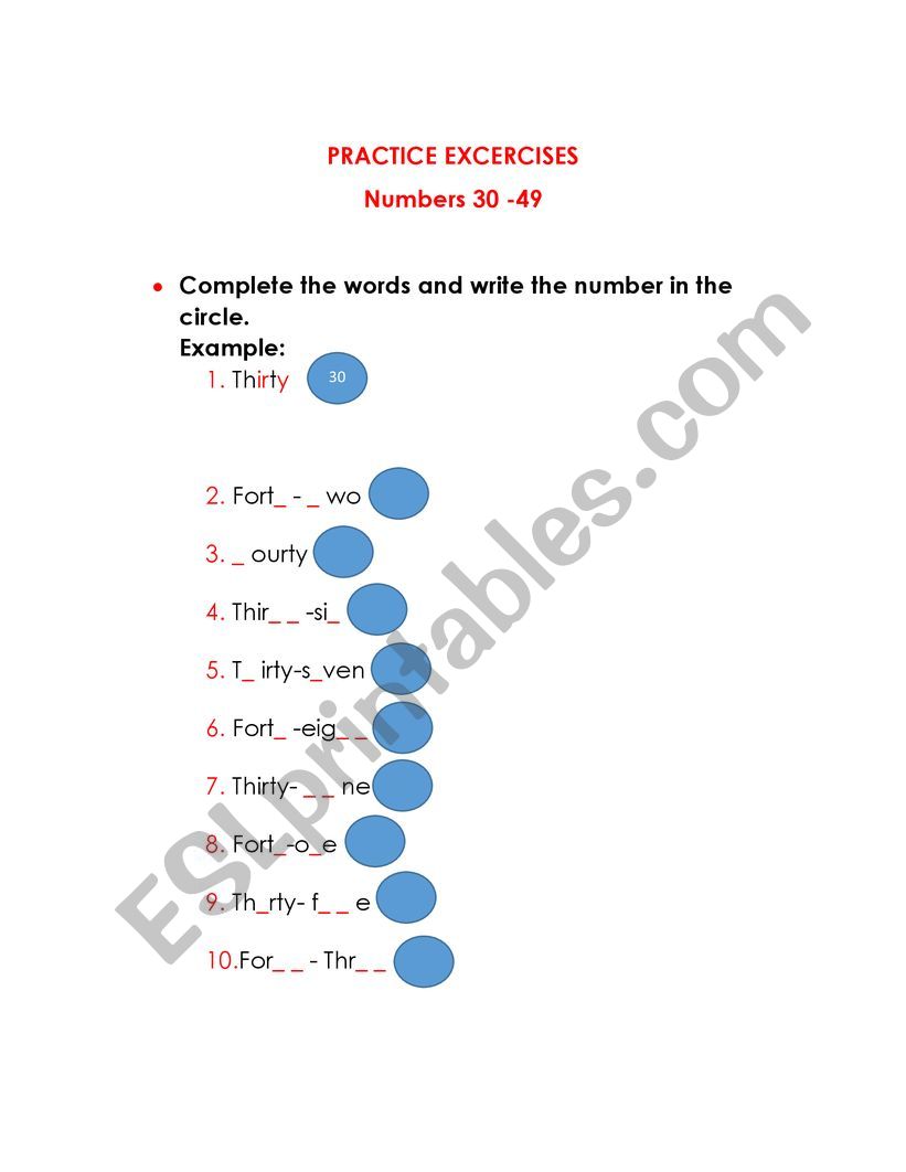 Practice numbers from 30 to 49