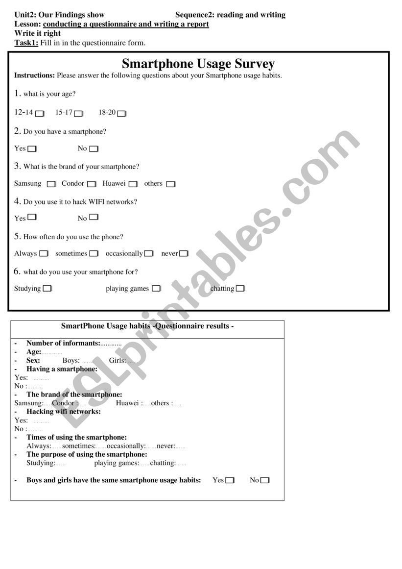 phone usage survey worksheet