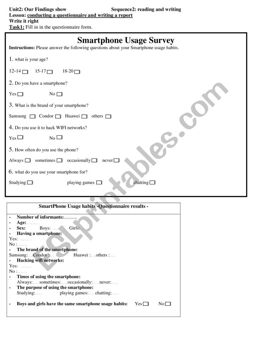 phone usage survey worksheet