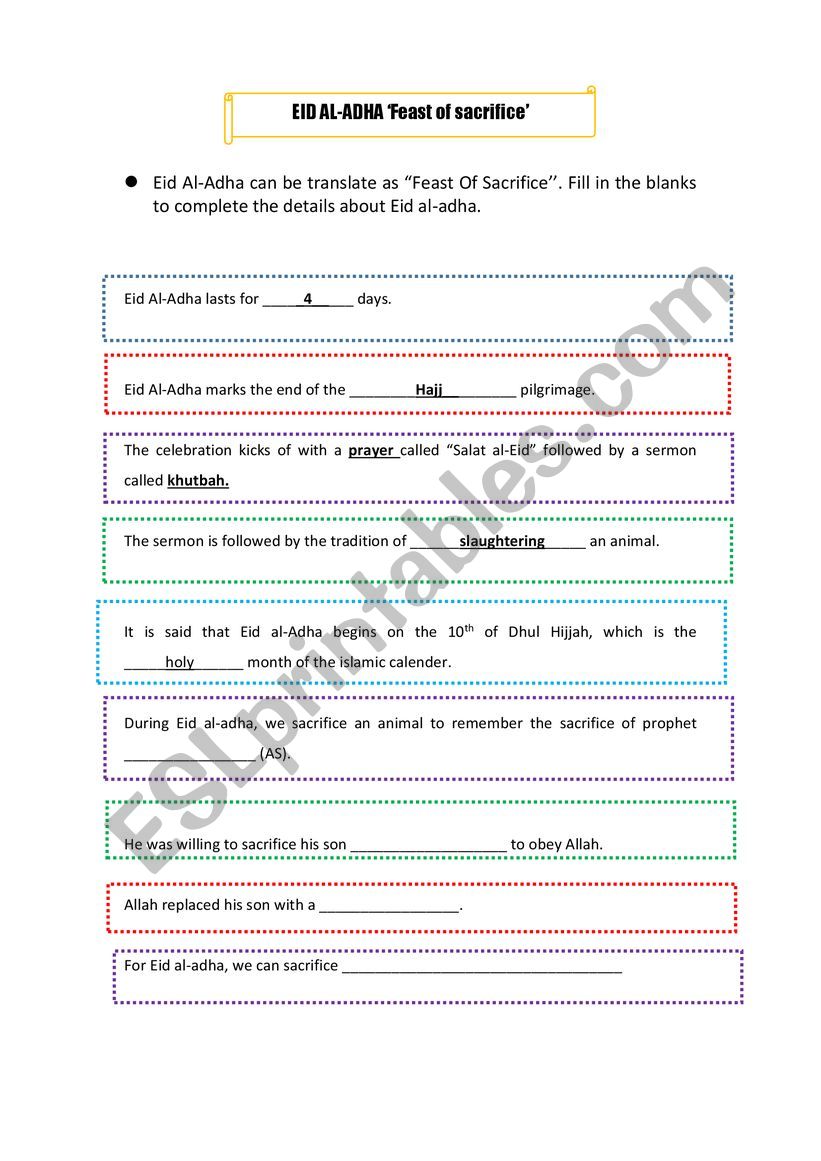 Eid Al Adha worksheet
