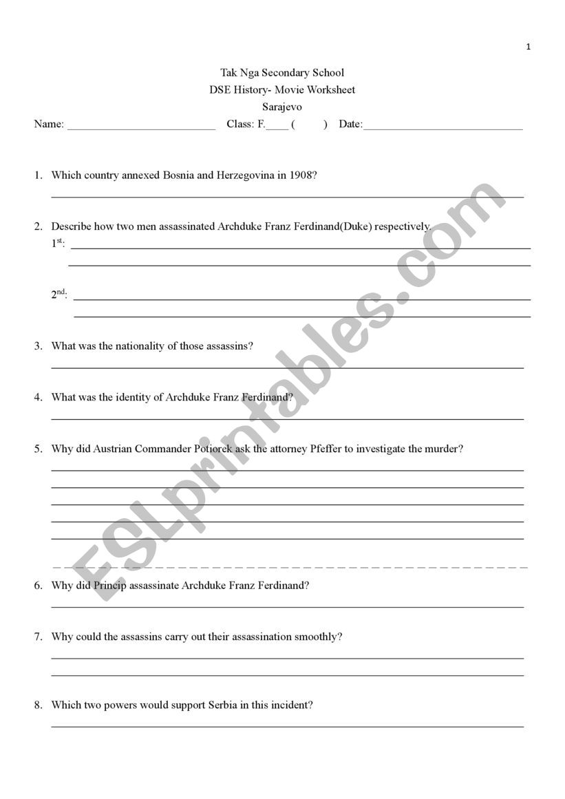 Sarajevo- Film Review worksheet