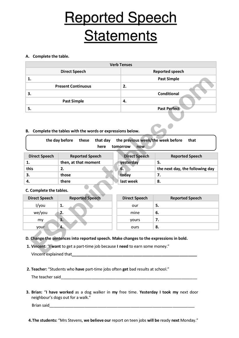 Reported Speech statements worksheet