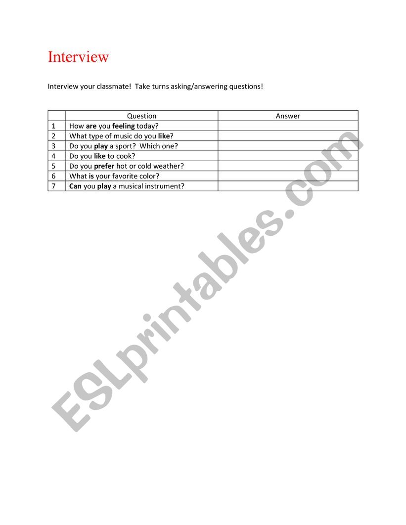 Interview - Present tenses worksheet