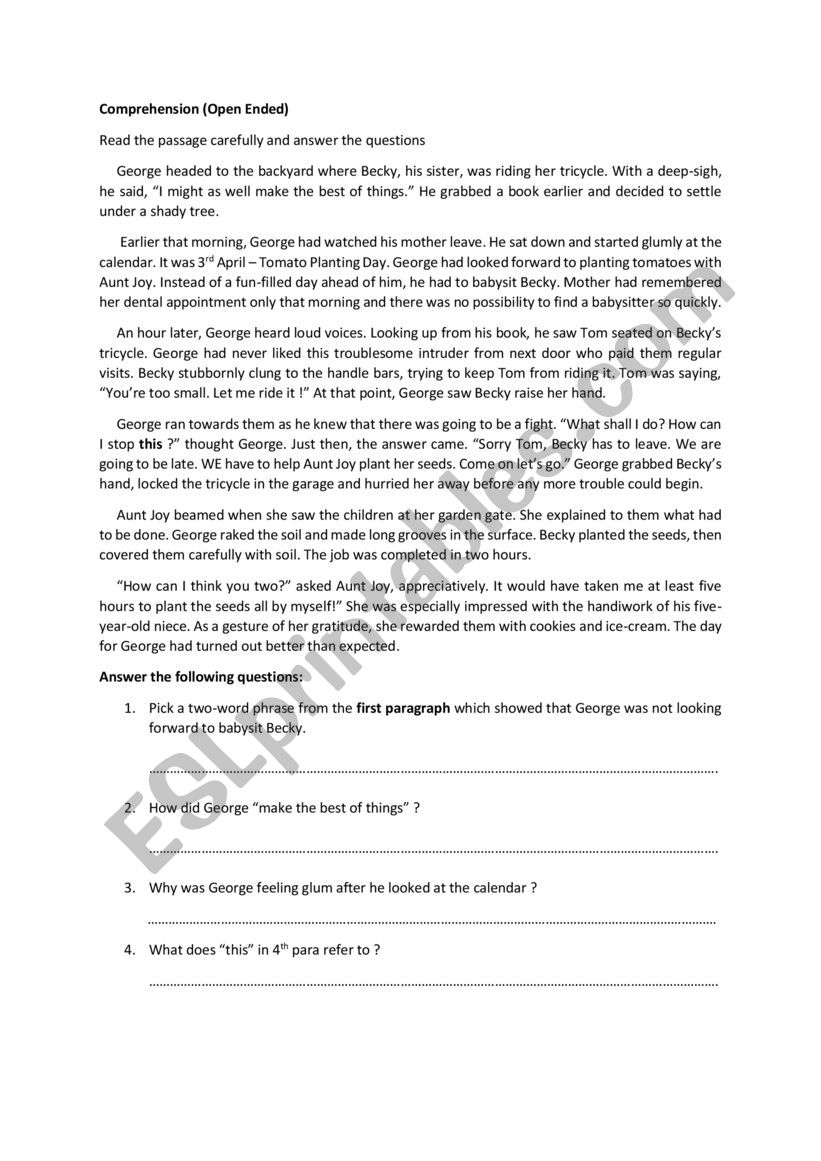 Open-Ended Comprehension worksheet