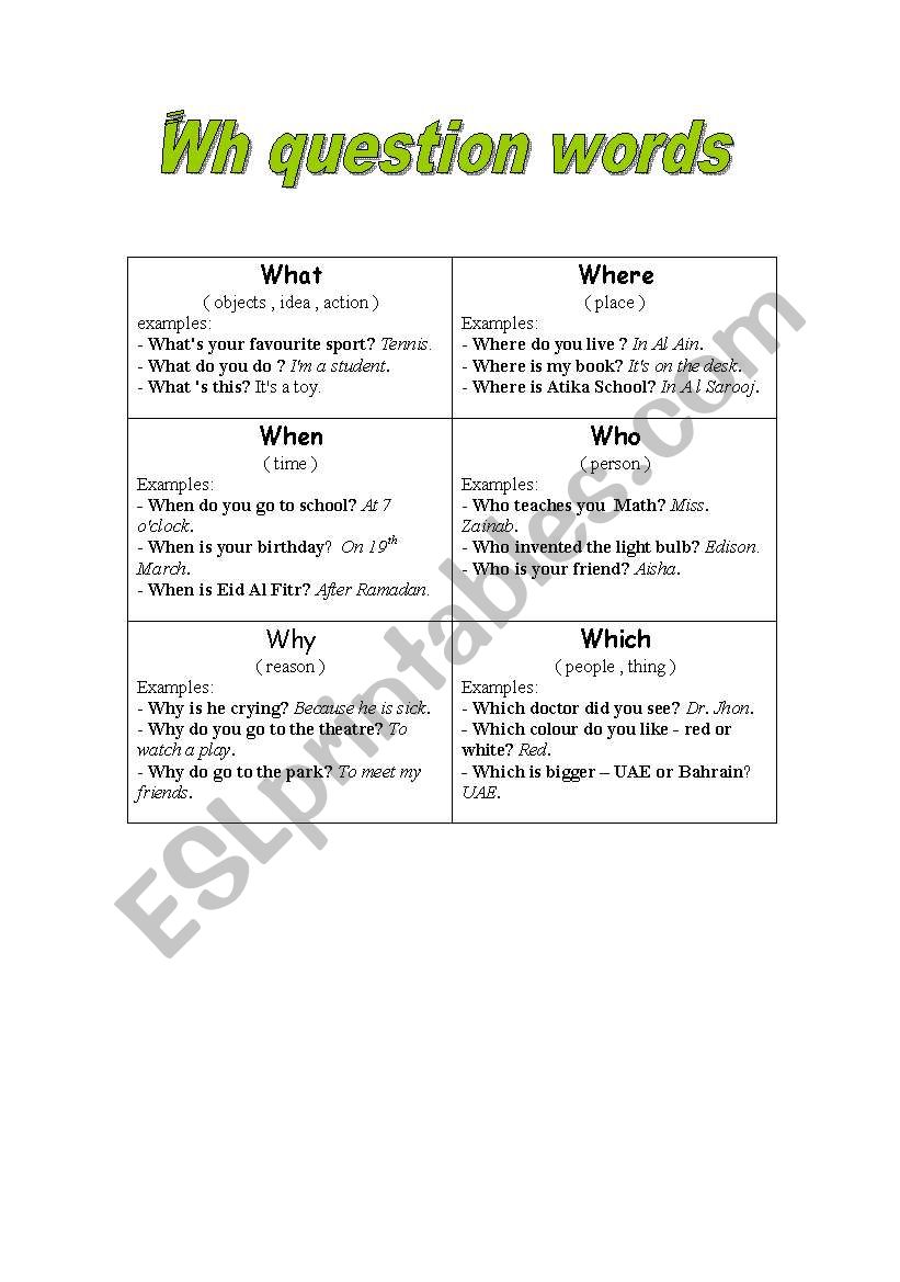 wh question words worksheet