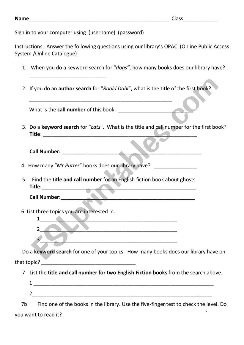 Library catalogue bookfind worksheet
