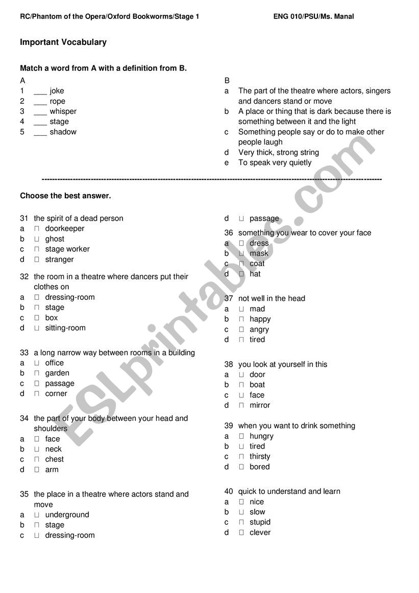 Phantom of the Opera - Pre-reading worksheet