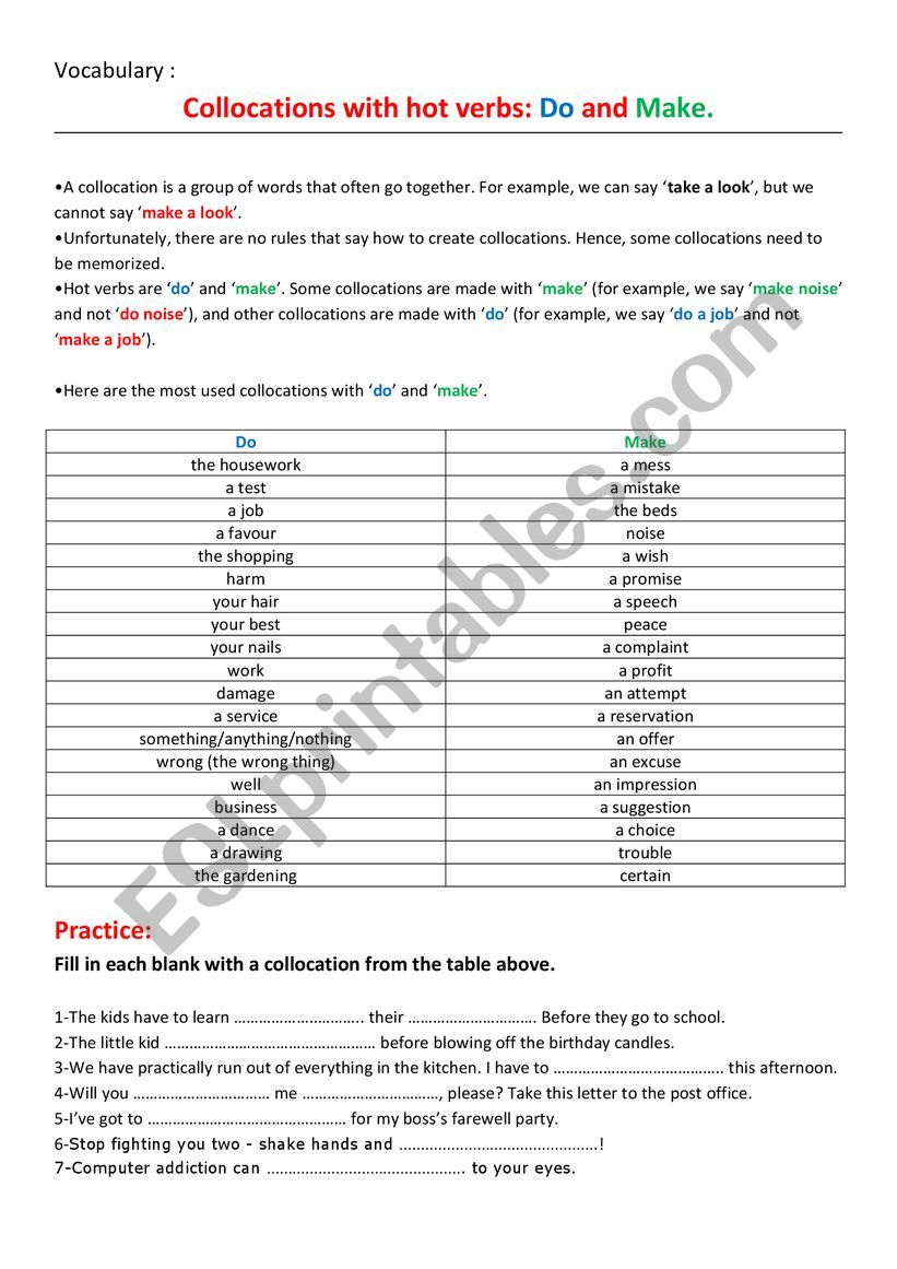 Collocations with hot verbs: Do and Make.