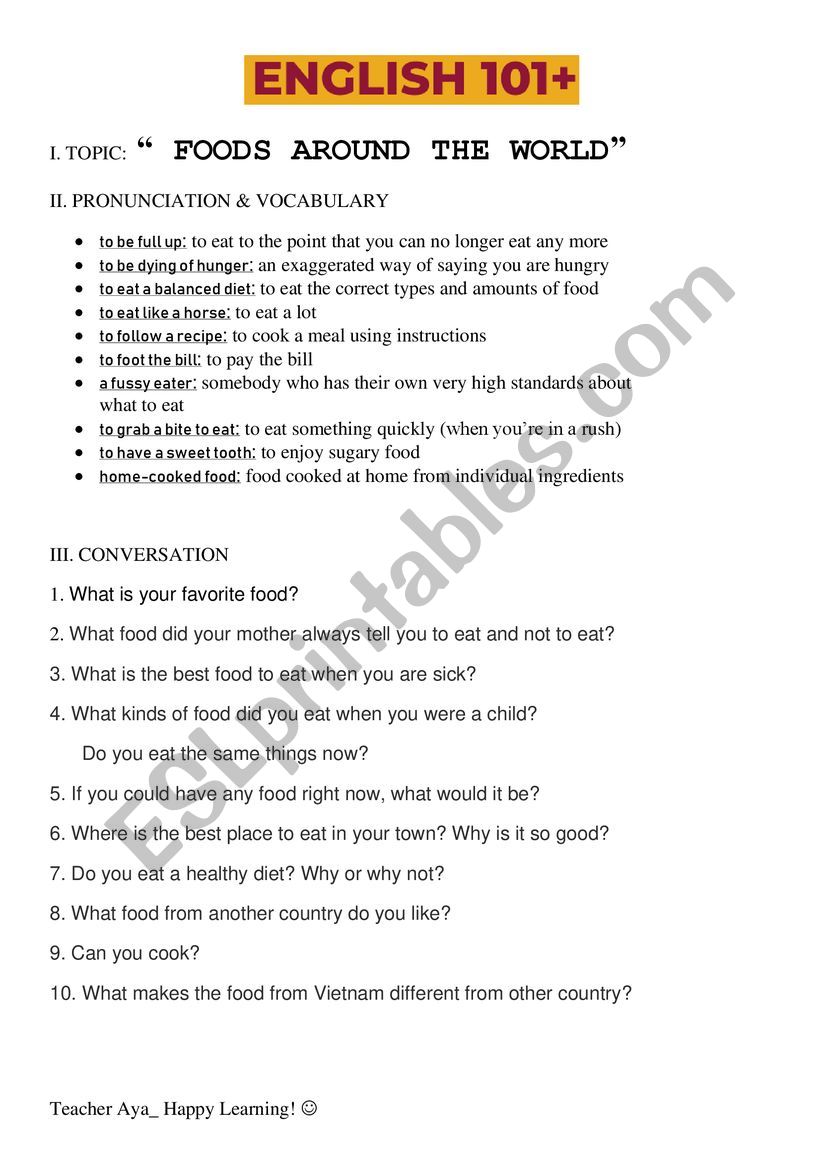 FOOD TEEN TOPICS worksheet