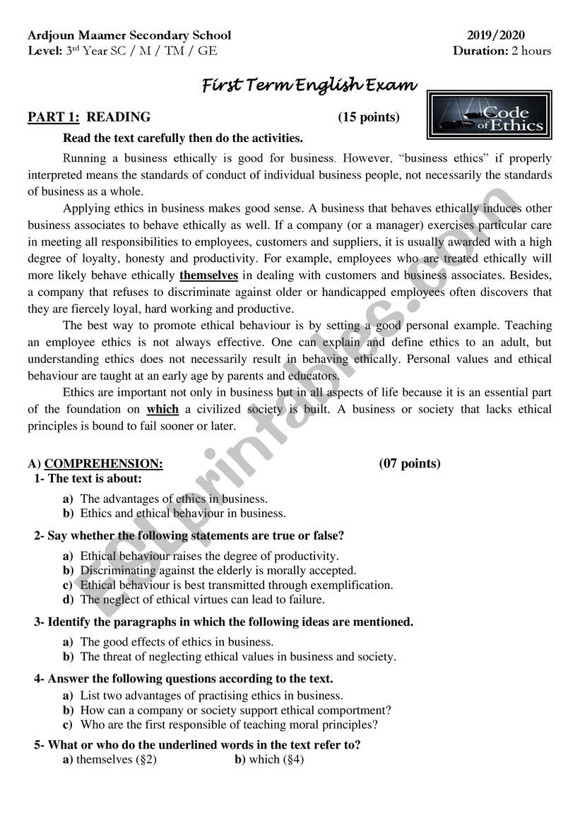 Exams worksheet