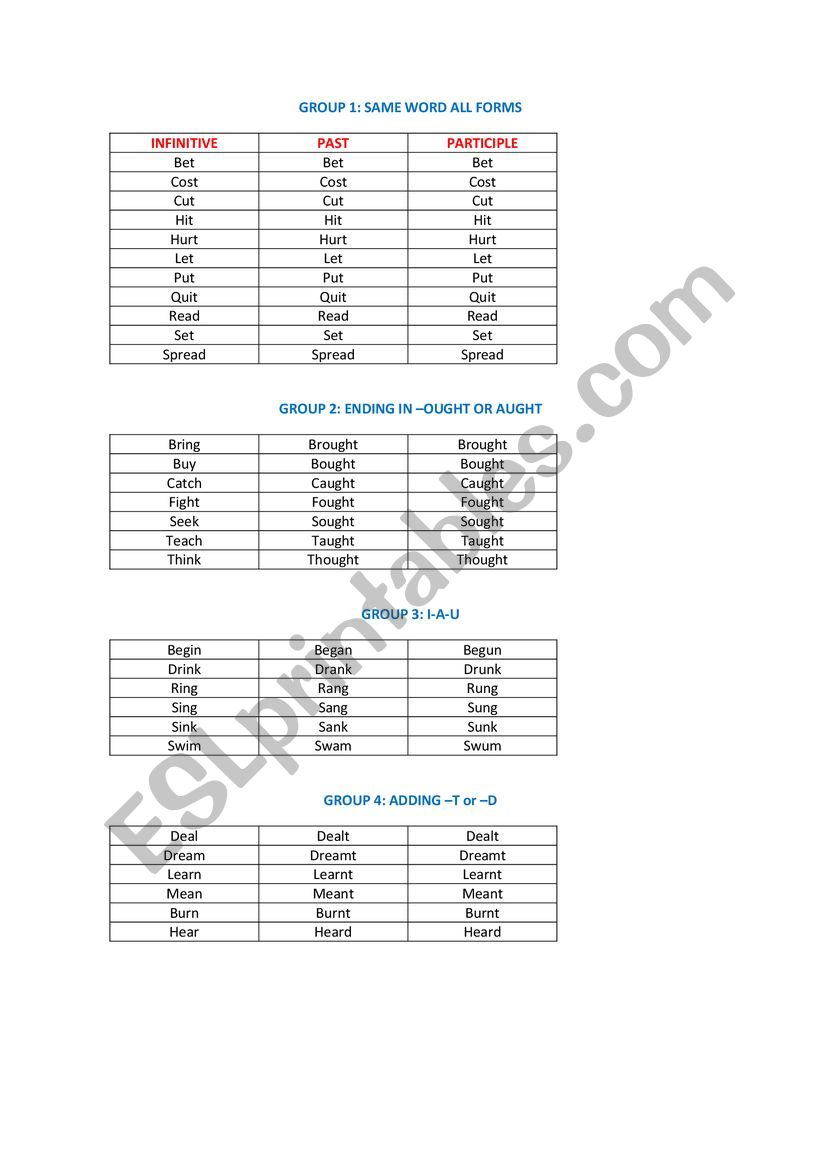 Irregular Verbs  worksheet