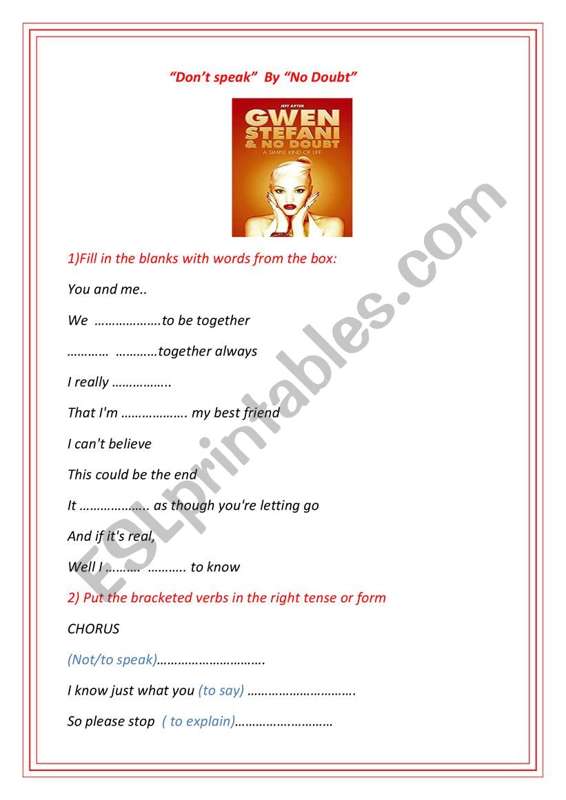 Dont Speak By No Doubt Song Worksheet
