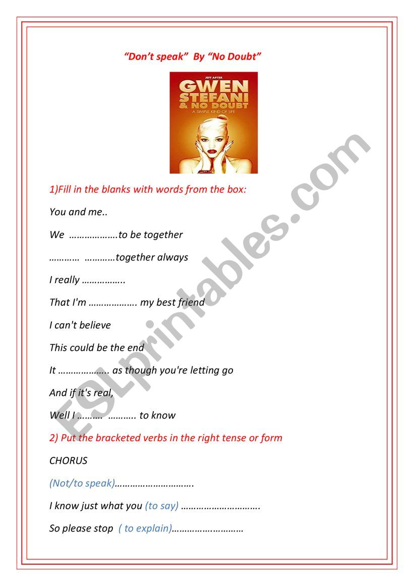 DonÂ´t Speak By No Doubt Song Worksheet