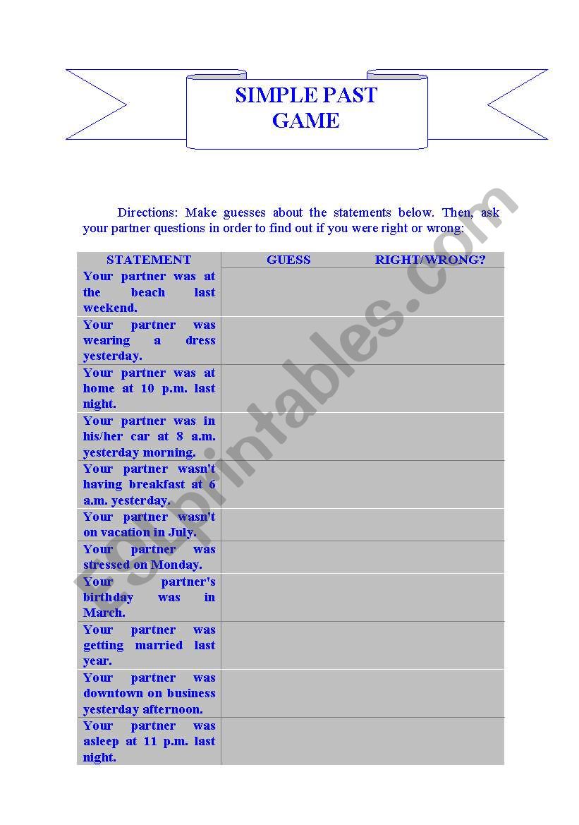 Simple Past Guessing Game worksheet