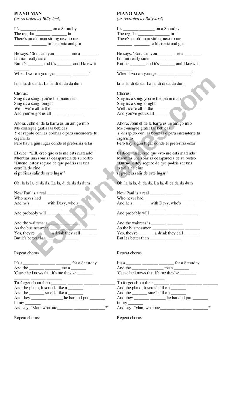 The Piano Man worksheet