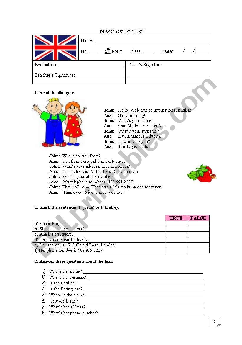 Diagnostic test worksheet