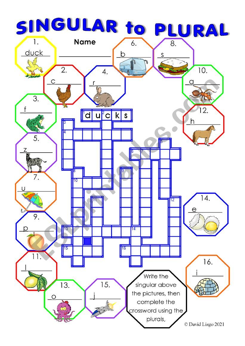 Plurals to Singular Crossword 4 with key.