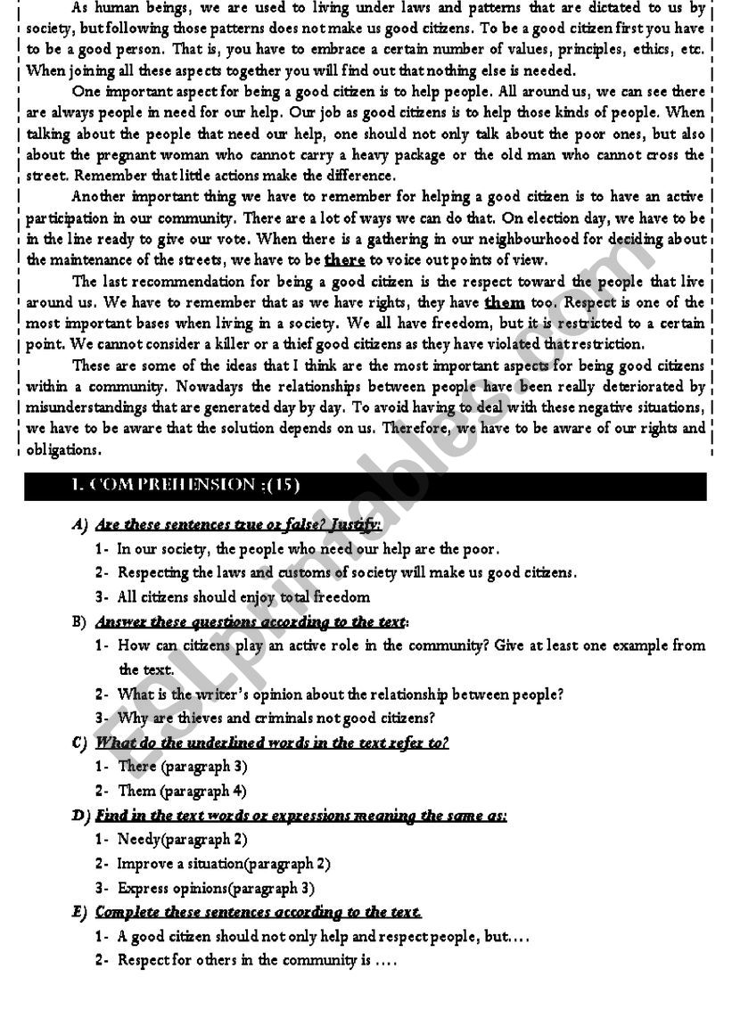 good citizenship worksheet