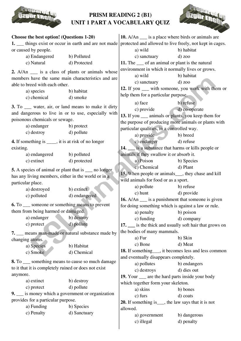 Prism Reading 2 Unit 1 Part A Vocabulary Quiz