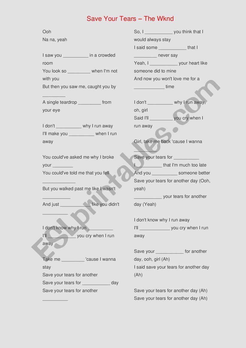 Save Your Tears - the Weeknd worksheet