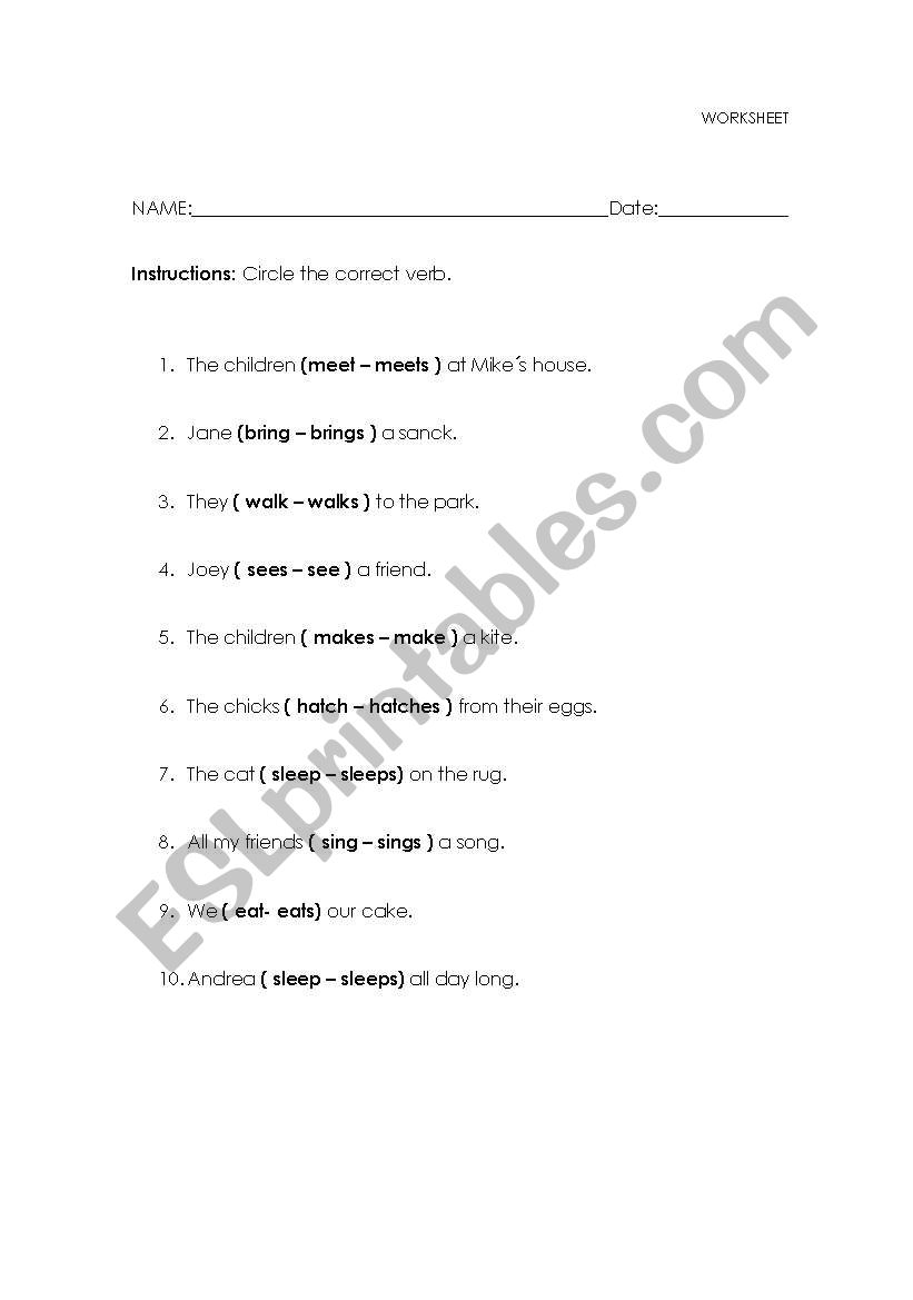 Adding S to verbs worksheet