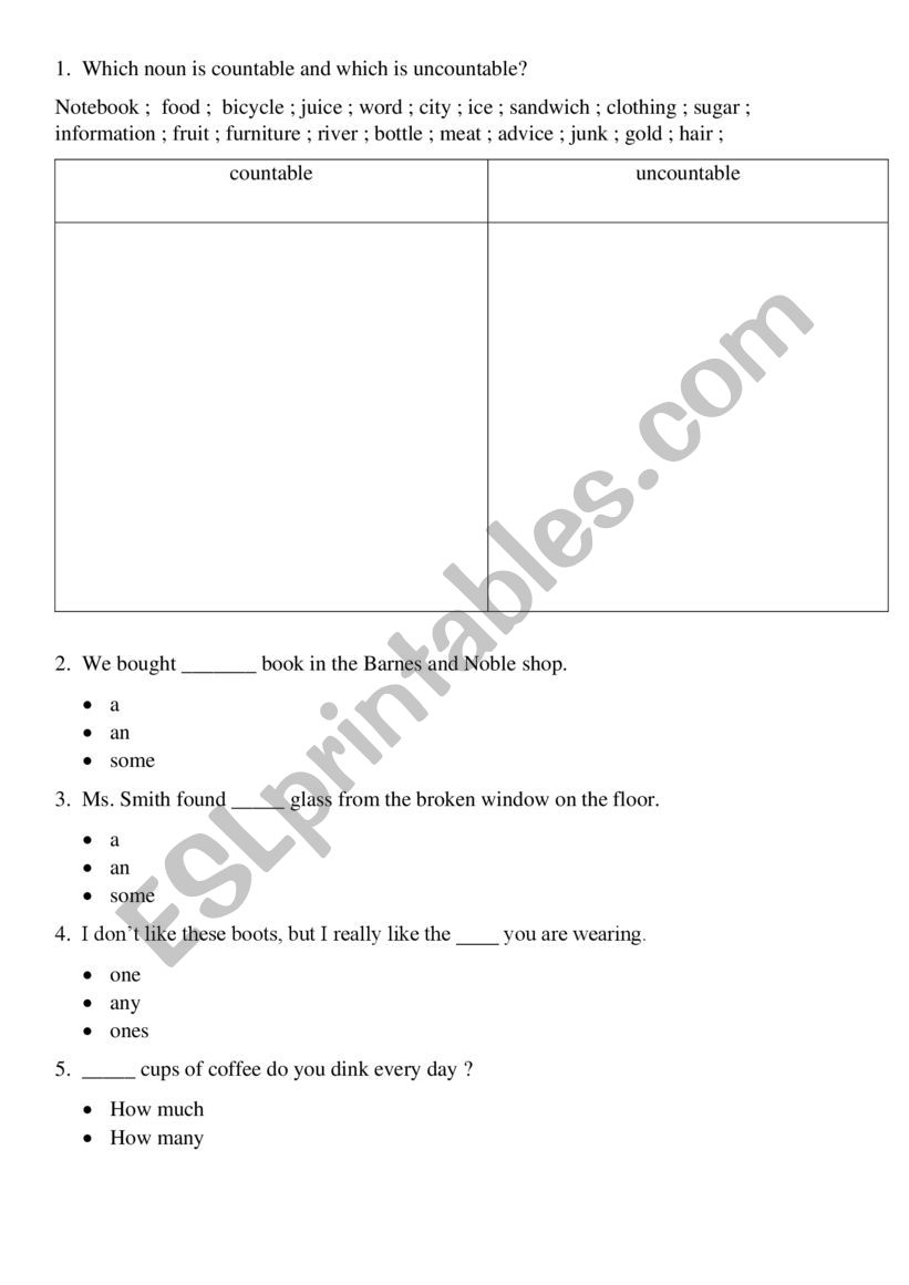 test countable ,uncountable worksheet