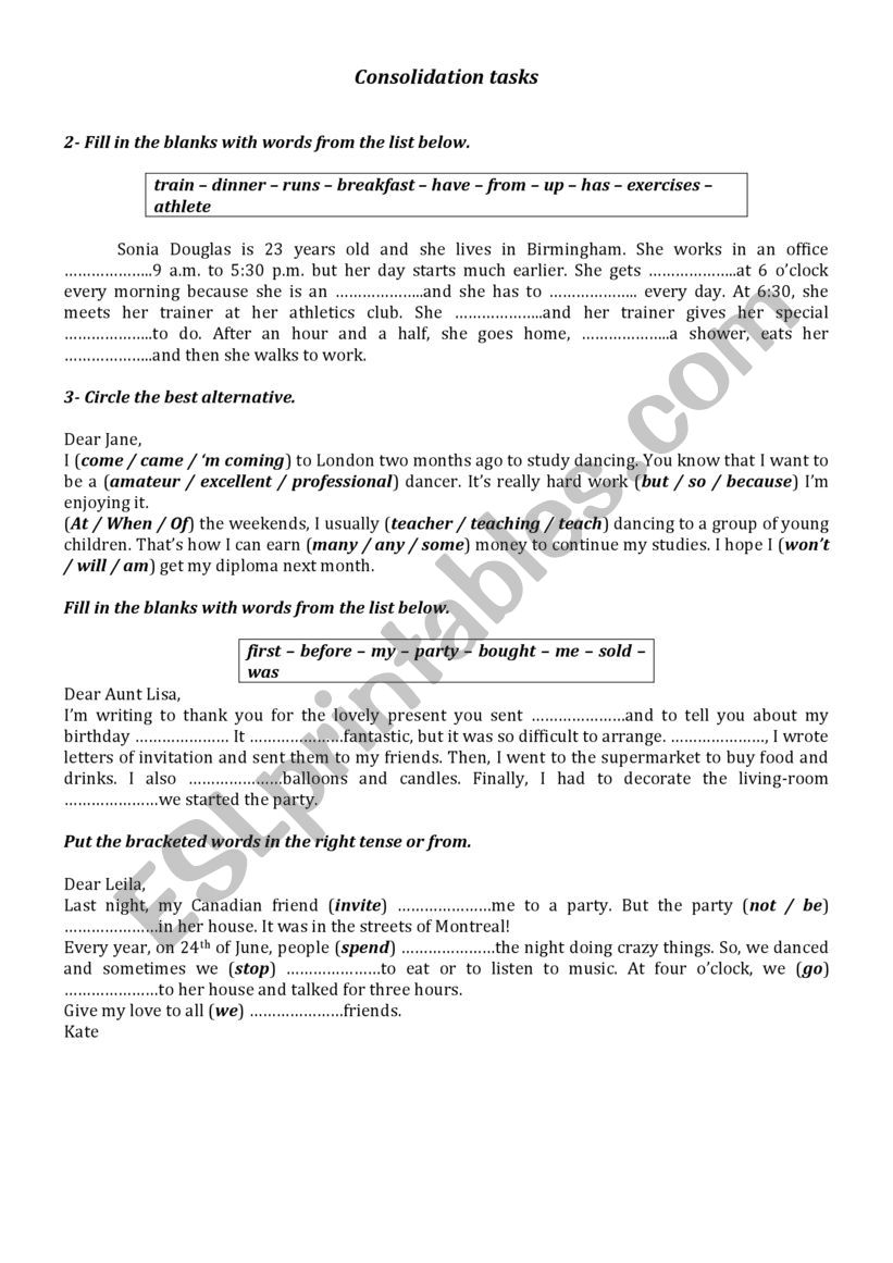 Consolidation tasks worksheet