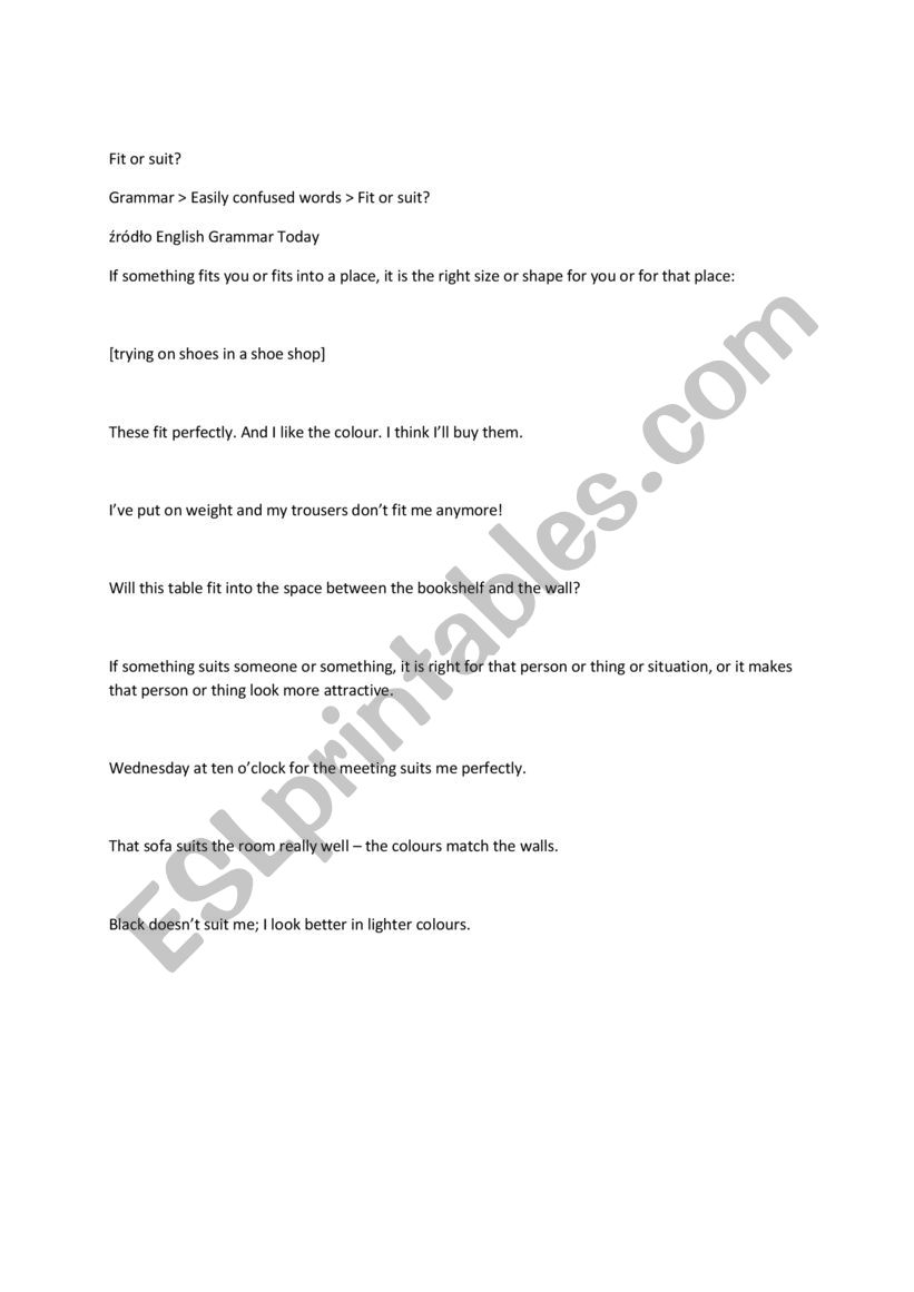 Fit and siut worksheet