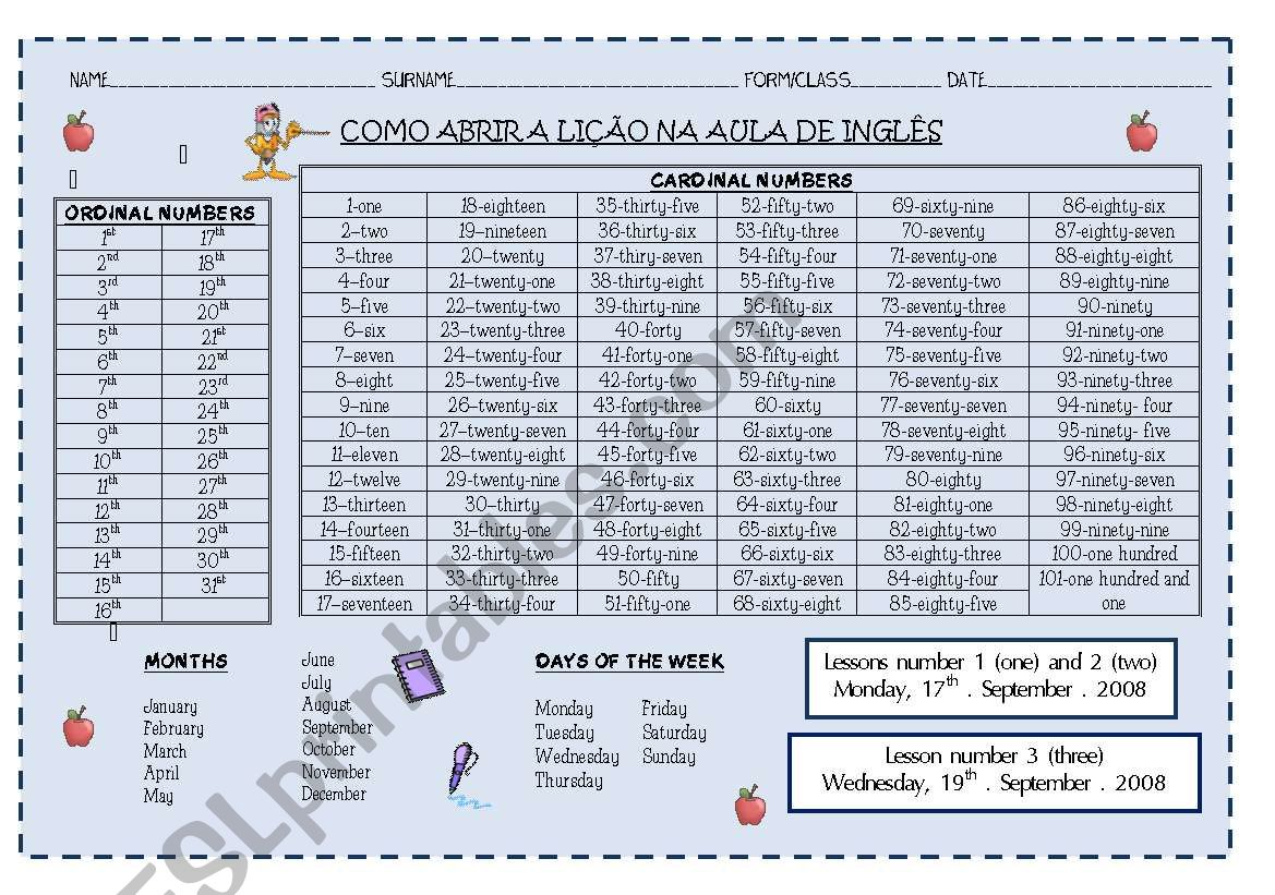 Writing the English lesson - with cardinal numbers