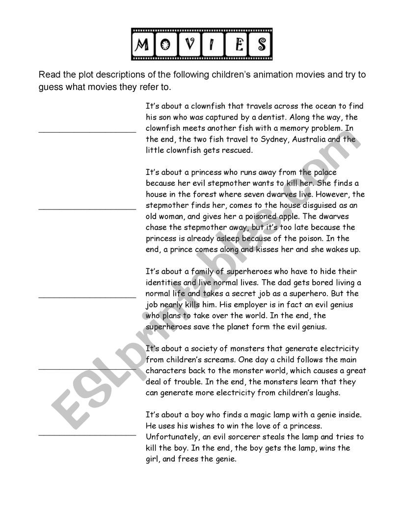 children movies worksheet