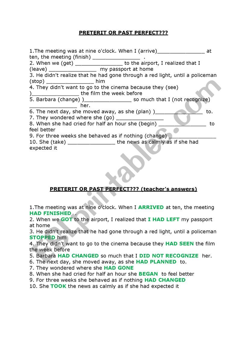 PRETERIT OR PAST PERFECT EXERCICES WITH ANSWERS