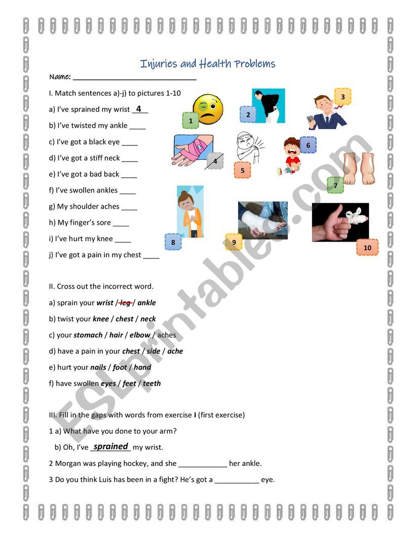 Injuries and Health Problems worksheet