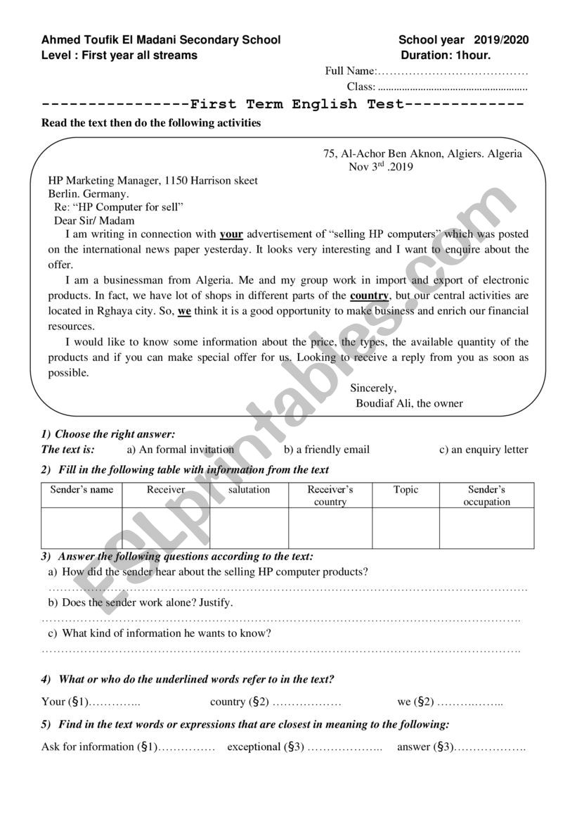 enquiry letter worksheet